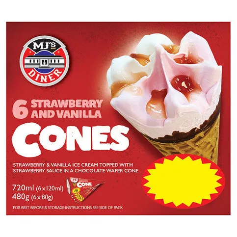 MJ's Diner Strawberry and Vanilla Cones 6 x 62g (372g)