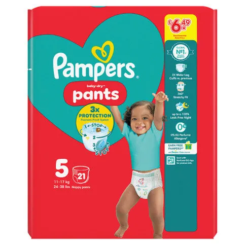 Pampers Baby-Dry Nappy Pants Size 5, 21 Nappies, 11kg-17kg, Carry Pack